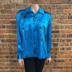 NWT Chico's Silk Writings Jean LS Ocean Teal Top Blouse Size 2/Large 12